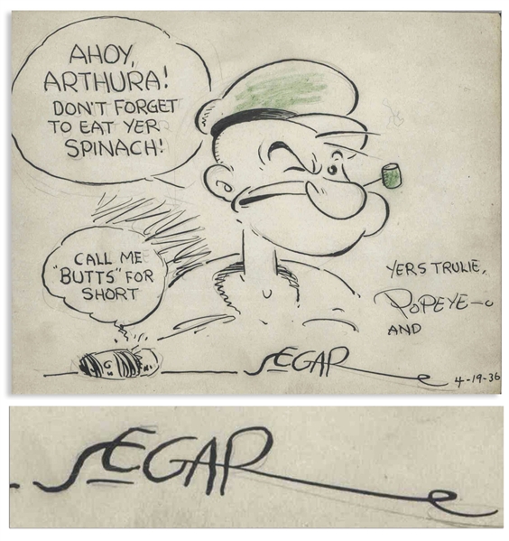 Original Elzie Segar ''Popeye'' Signed Artwork From 1936